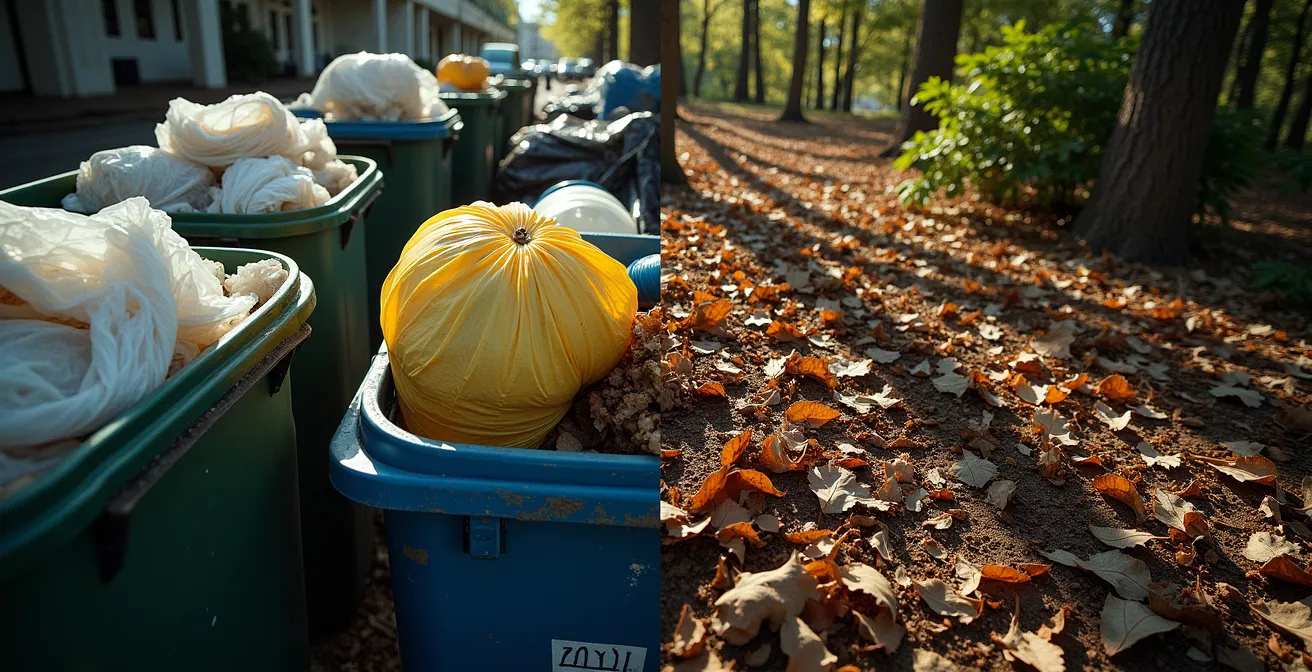 Comparaison visuelle entre une décharge urbaine saturée et une forêt luxuriante en cycle naturel de décomposition.