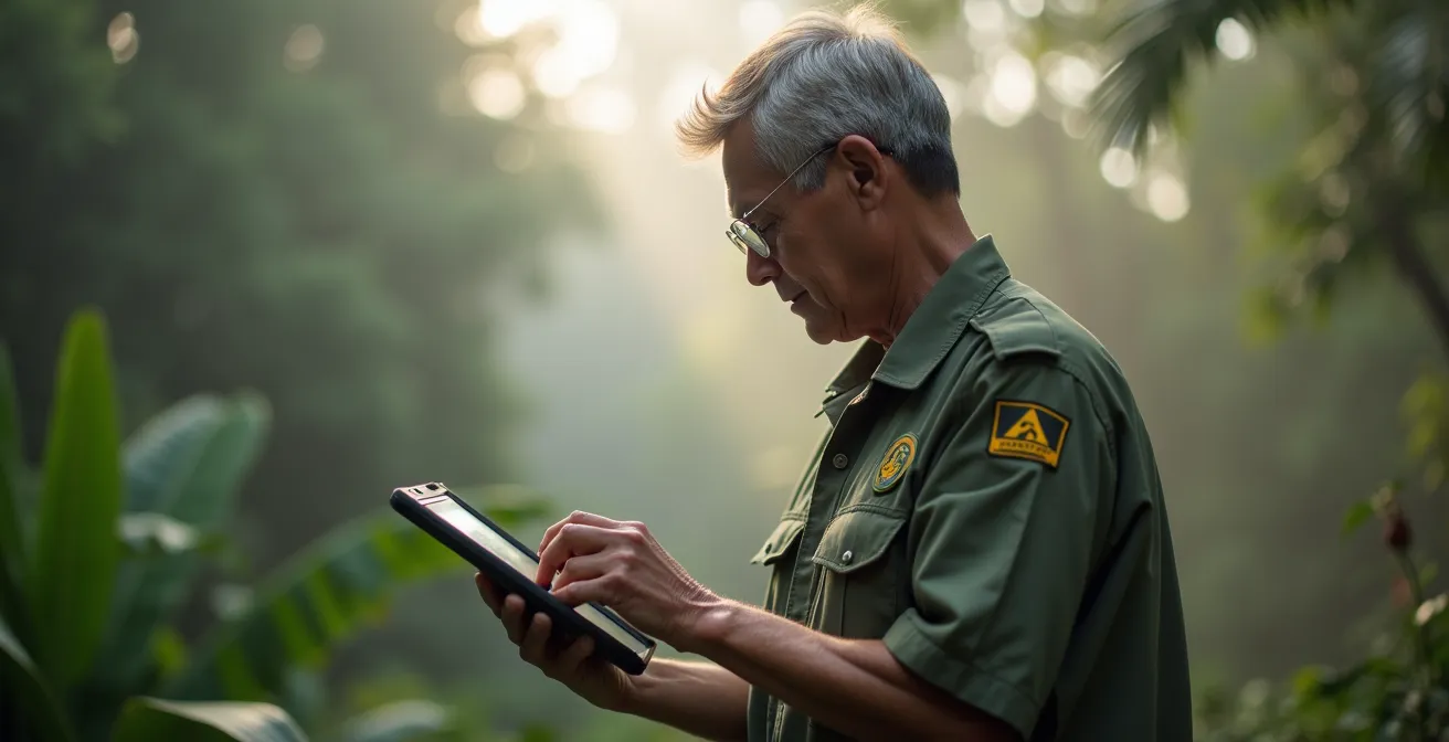 Garde forestier local utilisant une tablette pour la surveillance dans une réserve naturelle