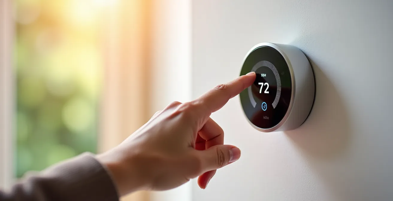 Main ajustant un thermostat programmable moderne sur un mur avec affichage de température