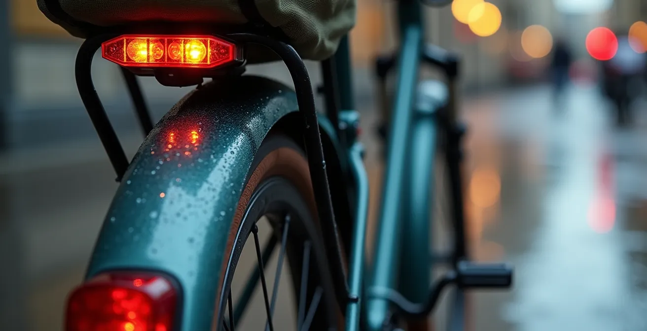 Vélo de ville équipé avec garde-boue, sacoches et éclairage intégré