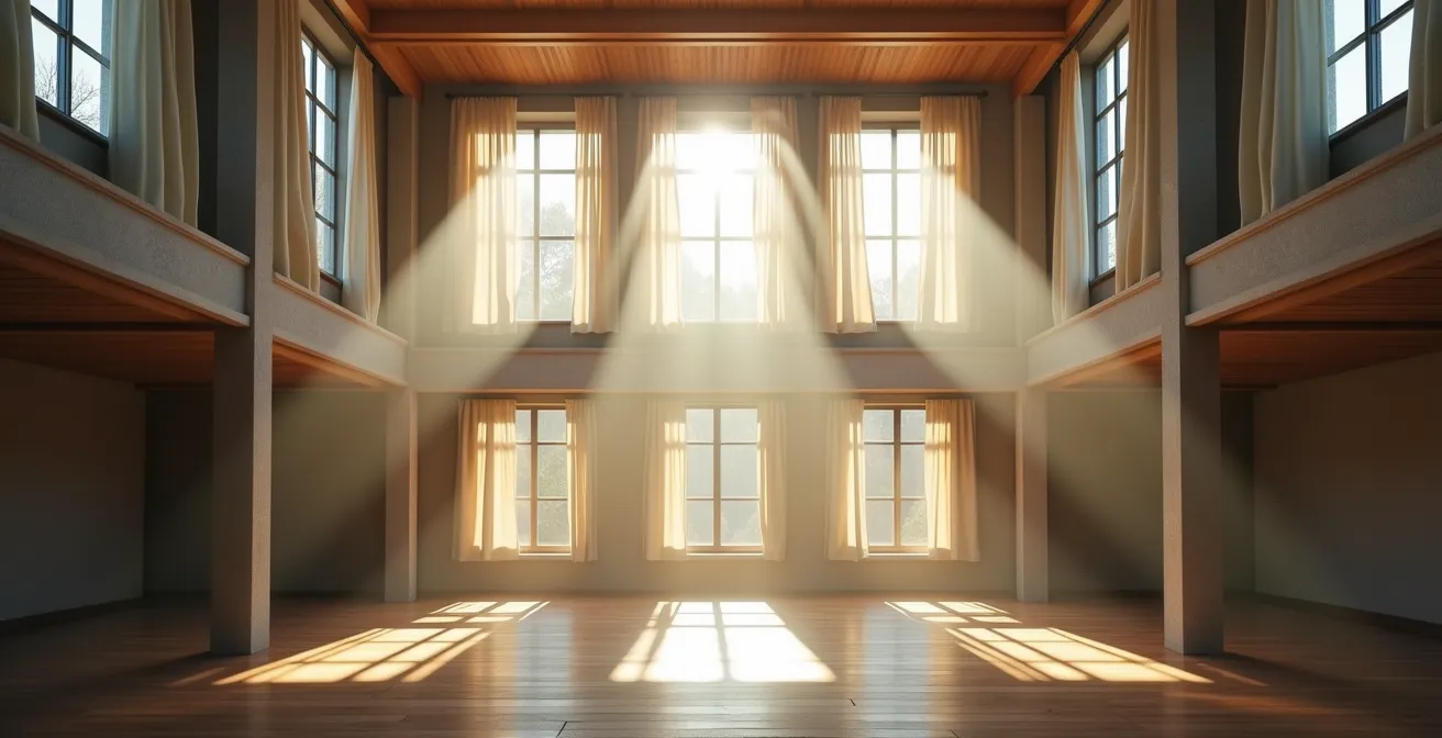 Coupe architecturale d'une maison montrant la circulation naturelle de l'air frais du bas vers le haut