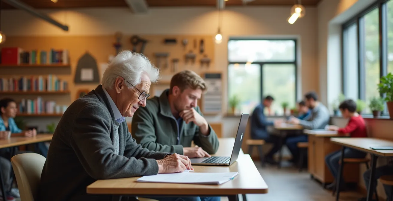 Intérieur d'un tiers-lieu rural combinant différents espaces de services et de rencontres