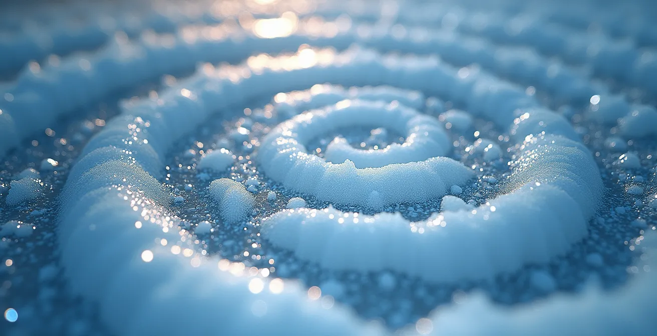 Vue macro de cristaux de glace avec jeux de lumière évoquant les mouvements atmosphériques