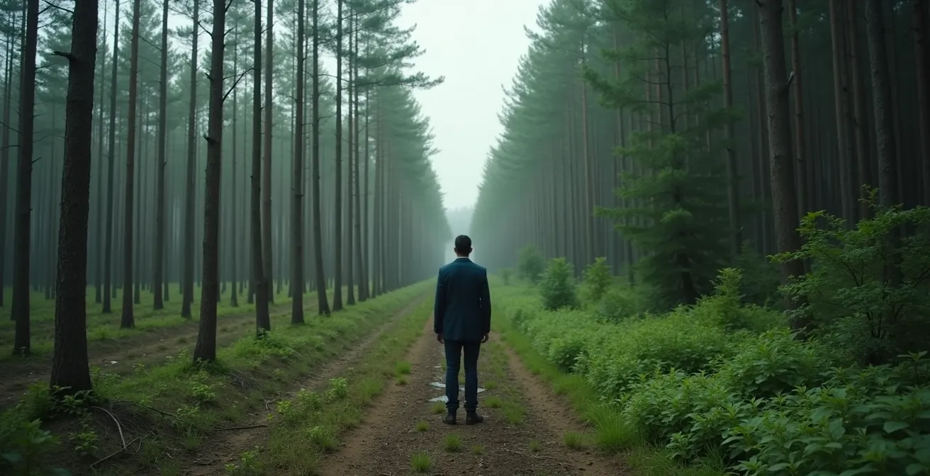 Comparaison visuelle entre une plantation monospécifique alignée et une forêt diversifiée