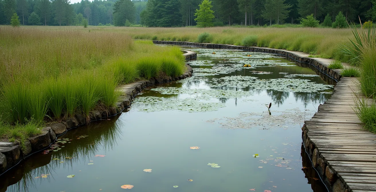 Bassin de phytoépuration avec roselières et plantes aquatiques filtrant naturellement les eaux
