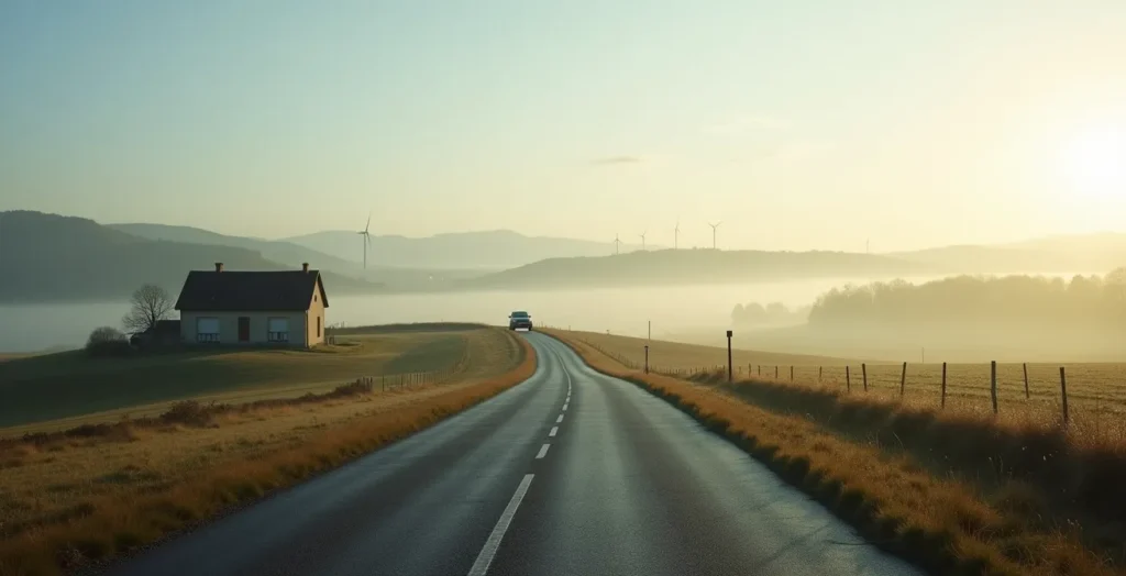 Paysage rural français montrant l'isolement et les défis de mobilité Paysage rural français montrant l'isolement et les défis de mobilité